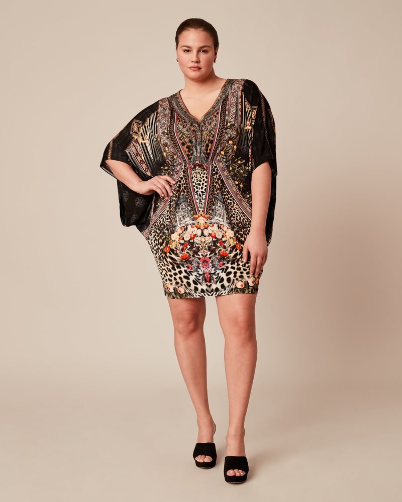 Front of a model wearing a size O/S Bat Sleeve Tunic with Gathered Waist in Marais at Midnight by Camilla. | dia_product_style_image_id:226377